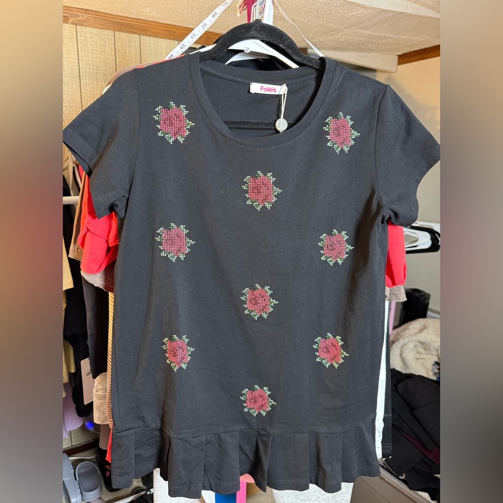 Blugirl Folies Black T-Shirt with Red Floral Rivets Size 42